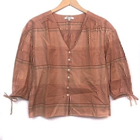 MADEWELL Morningview Tie Sleeve Shirt Orange Red Plaid 3/4 Sleeve 100% Cotton - Picture 2 of 5